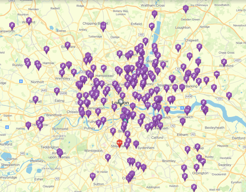 Map showing incidents of violent knife crime across London in 2020 so far.
